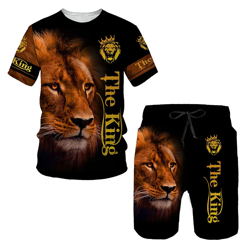 Conjunto de treino leão feroz masculino, camiseta e shorts casuais estampados em 3D, roupas esportivas masculinas, manga curta, roupas de 2 peças,