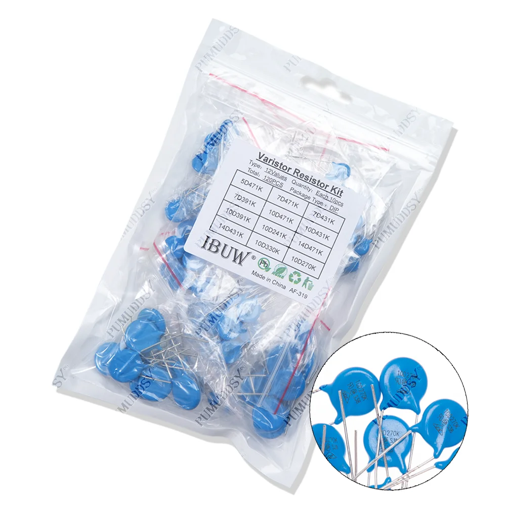 

100PCS=12Value*10PCS Varistor Resistor Assorted Kit 5D471K 7D471K 7D431K 7D391K 10D471K 10D431K 10D391K 14D471K 14D431K 10D241K