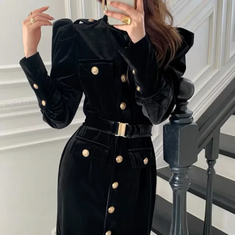 NMZM Korean retro velvet dress with waistband, long sleeves, single breasted stand up collar, women's split casual black dress