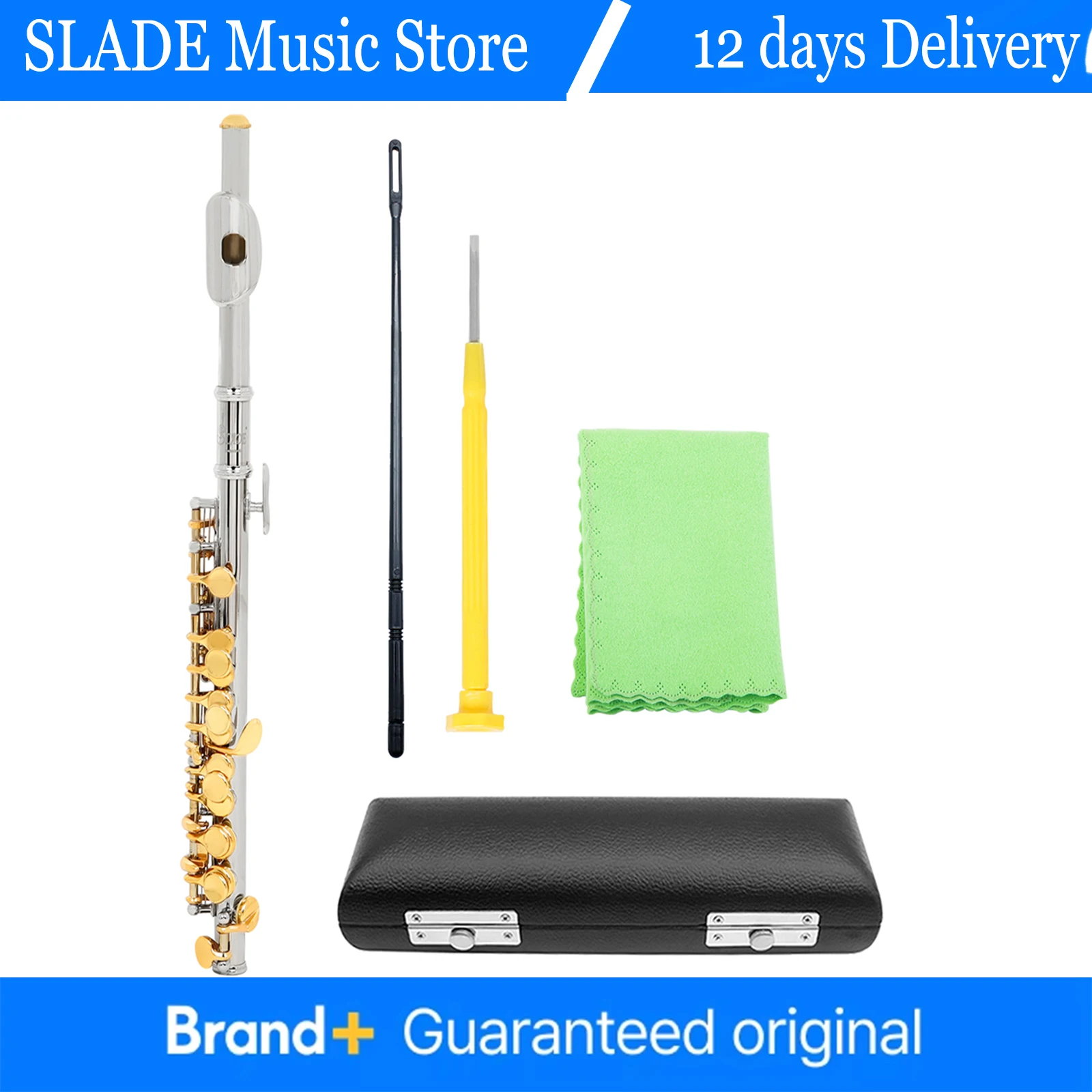 

Piccolo Professional C Key Cupronickel Half-size Flute Silver Plated Body Gold Key with Padded Case Cleaning Cloth Set