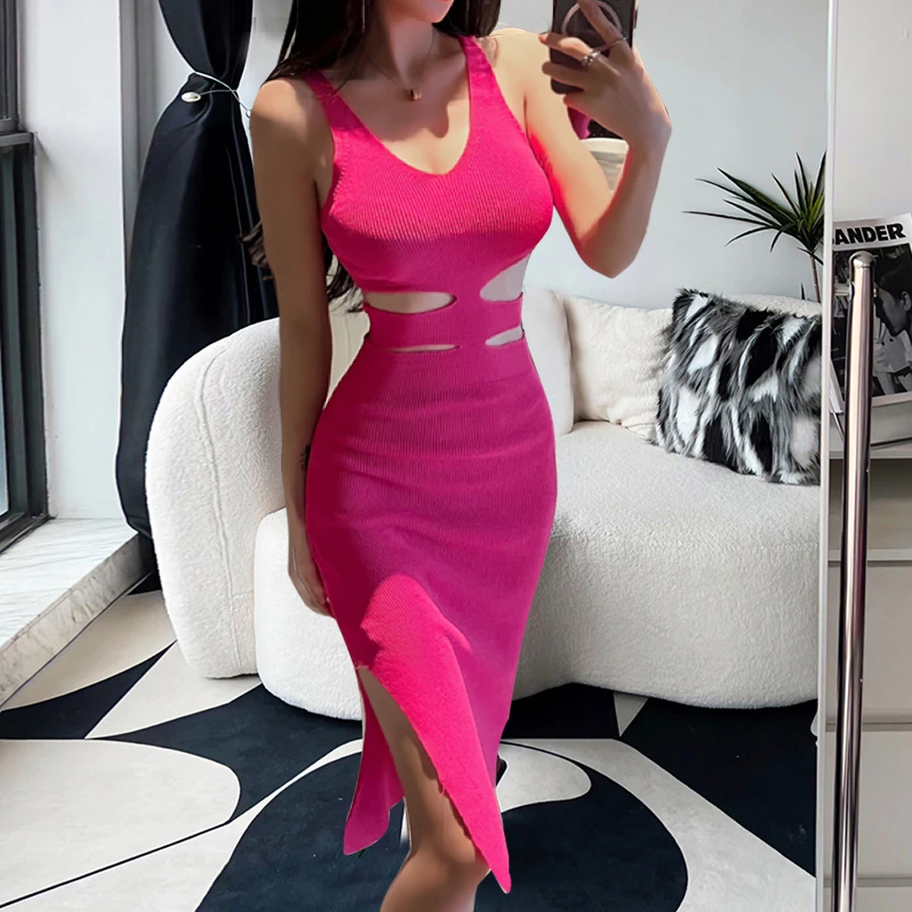 YuooMuoo Chic Fashion Sexy Wrap Hips Split Knitted Summer Dress Women Cut Out Waist Bodycon Long Dress Streetwear Outfit Vestido