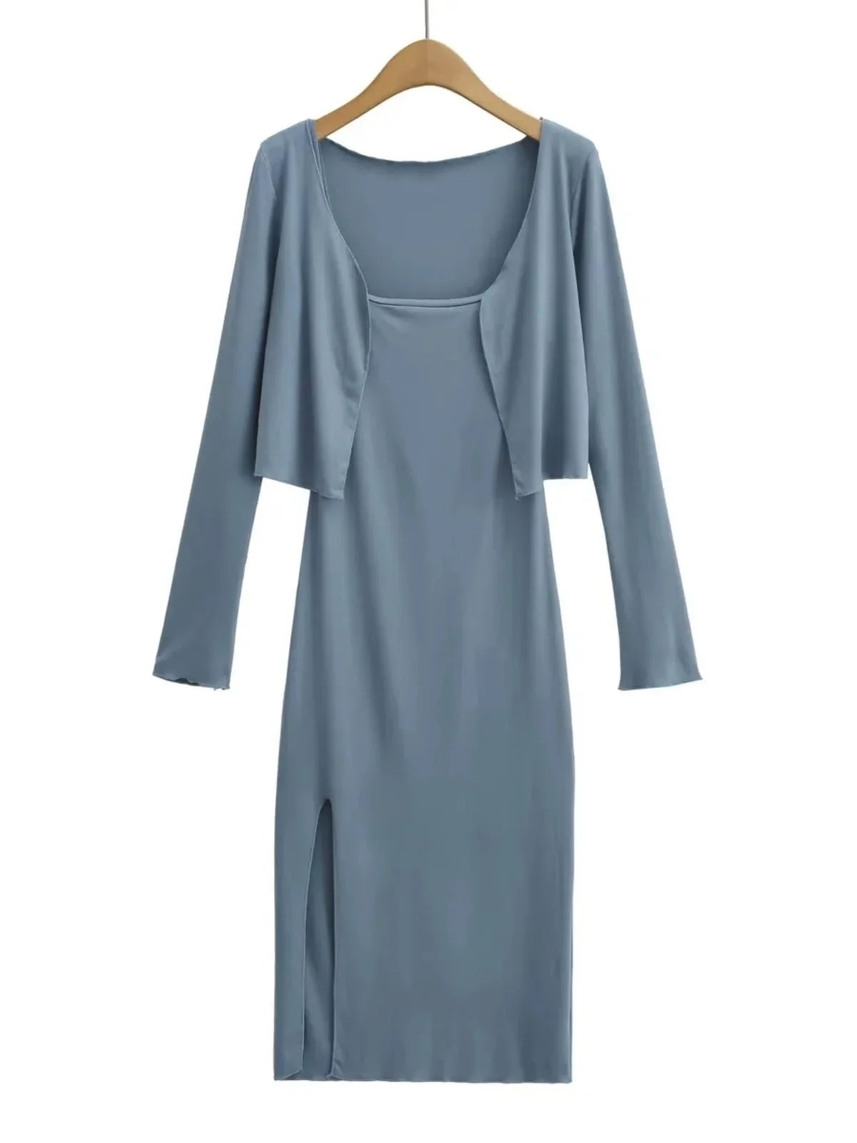 エレ・ロング・ドゥル ウールダー・アウル オープンカーディガン ツーピースセット セクシー エラスティック ウッド・エイン サイドスリット ストラップガウン