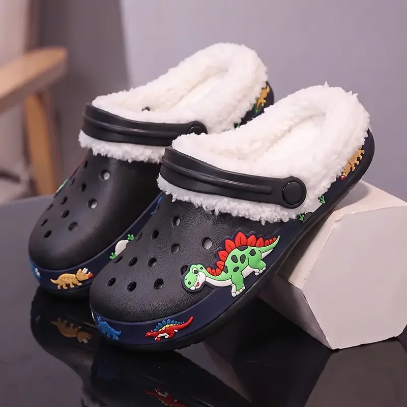 Kids' Fleece-Lined Clog Shoes for Boys and Girls, Warm and Non-Slip Winter Outdoor Cute Baby Cotton Slippers