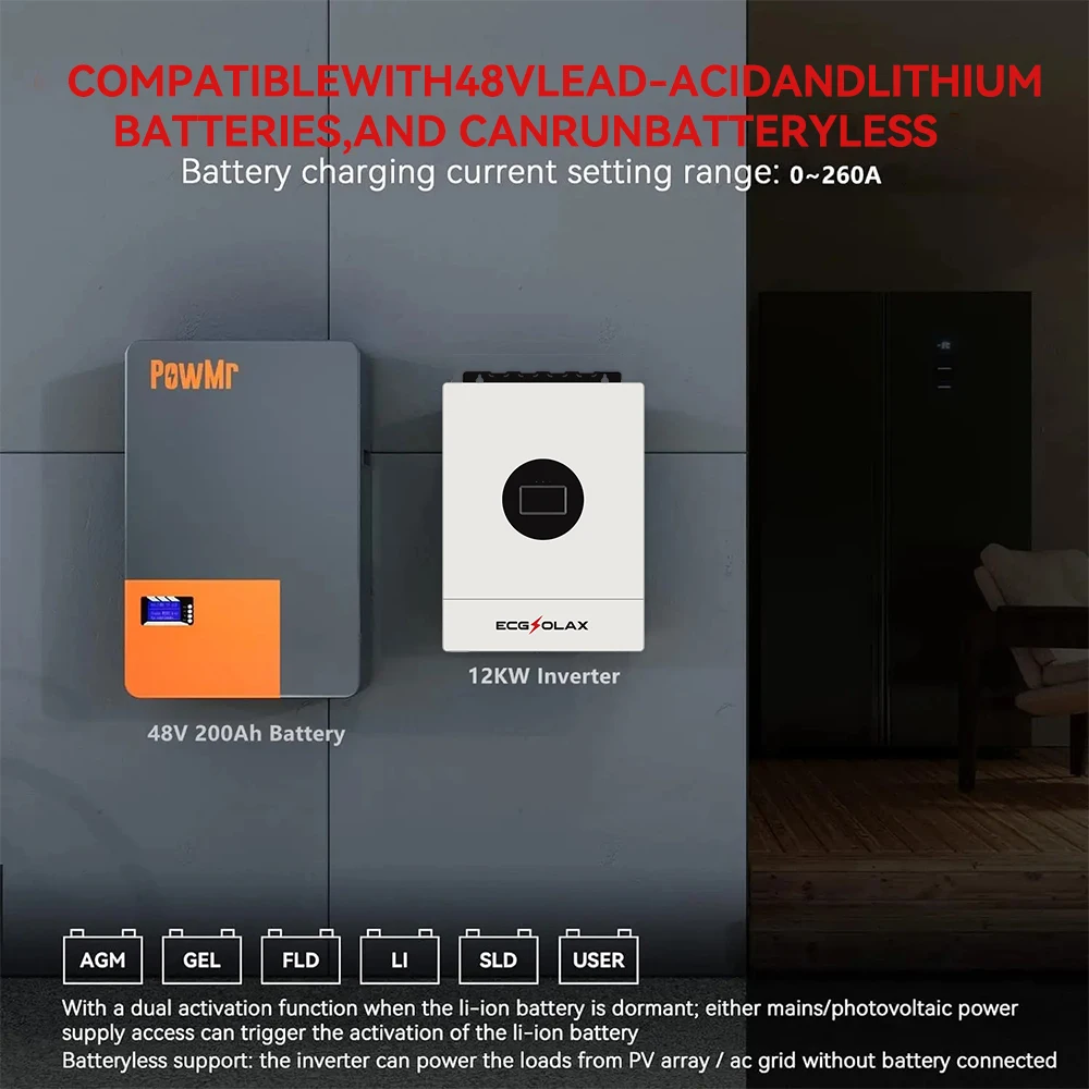 

ECGSOLAX 12KW 7KW Hybrid Solar Inverter 48V 110V/240Vac Split Phase Hybrid Inverter With MPPT 200A 120A Charger Built-in WIFI