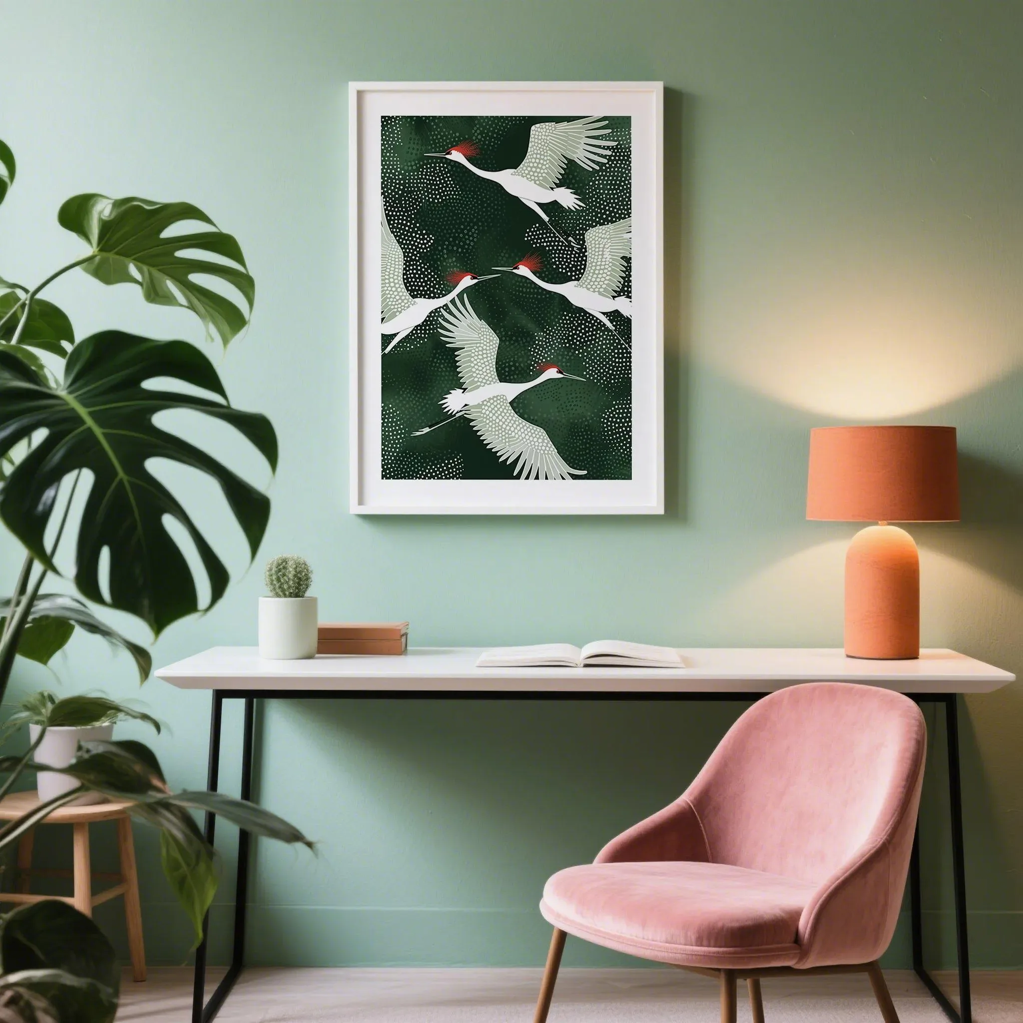

Japanese crane art poster Green background canvas poster Elegant Japandi living room or office wall art Minimalist nature decor