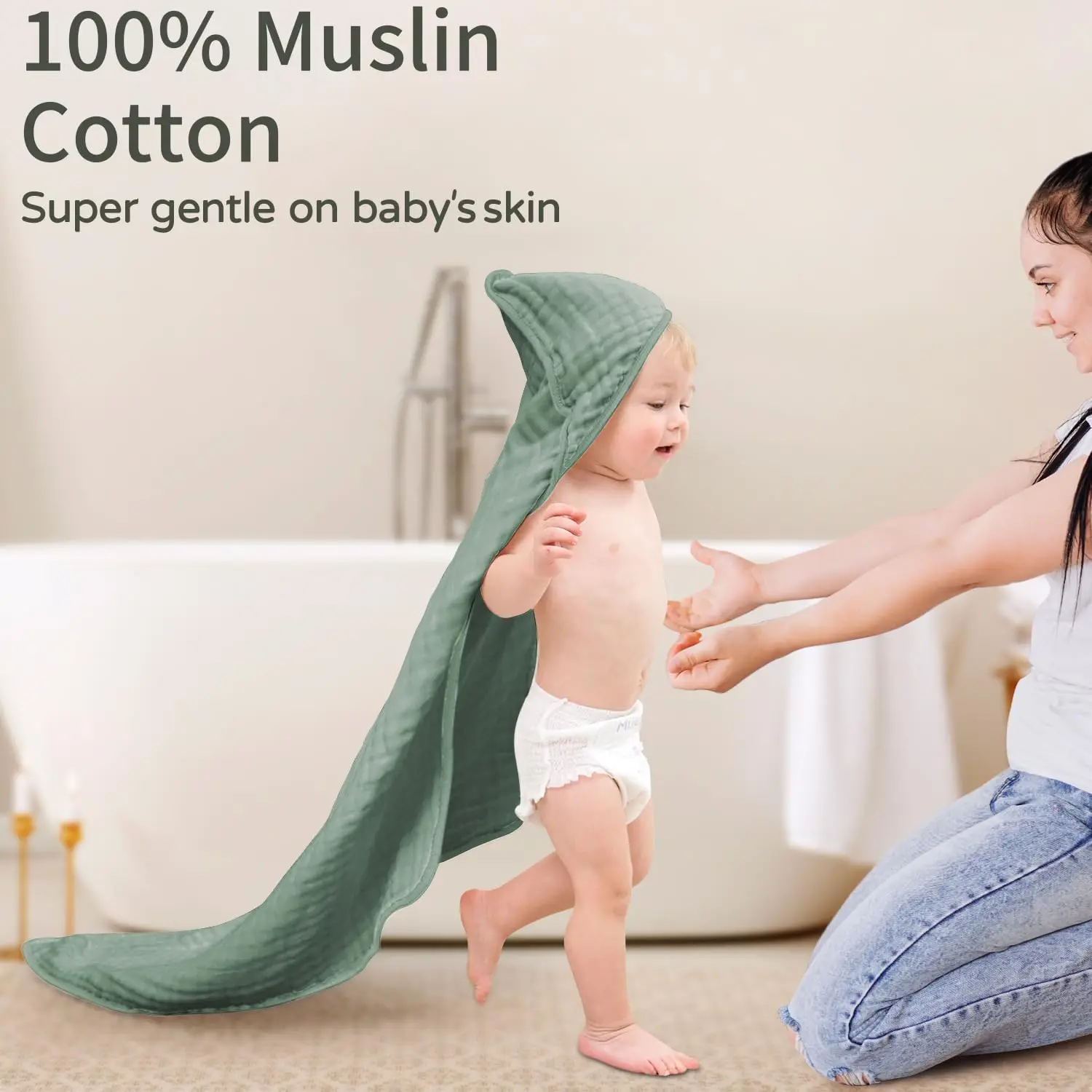 2pcs Baby Bath Hooded Towels 35*35inch 100% Muslin Cotton Newborn Hooded Towel with Hood for Babies, Infant, Toddler and Kids