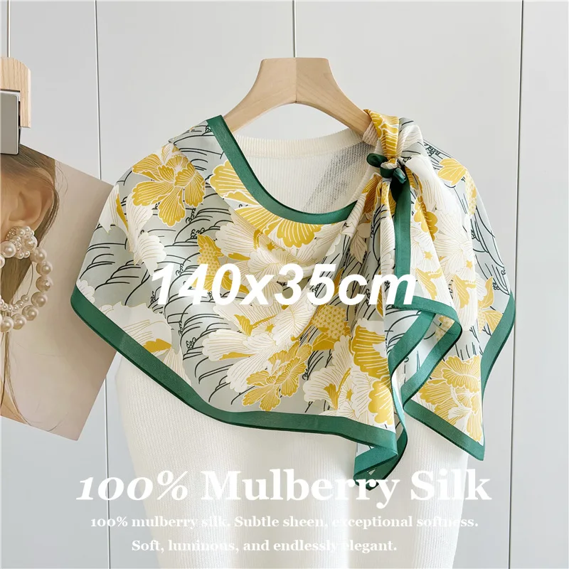 

100% Mulberry Silk Hair Ribbon 140x35cm Long Hairband for Luxury Neckerchief Neck Hair Shawl Bag Handle Wrap Elegant Breathable