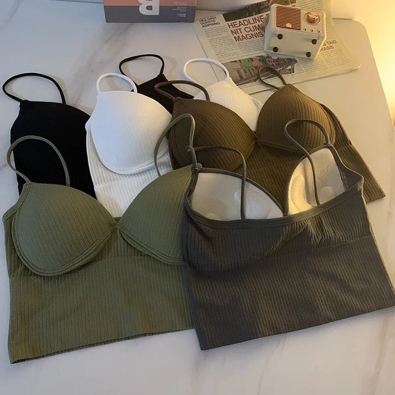 Ladies Camisole Slim Fit Sexy Stretch Push Up Bra with Chest Pads Soft Knitted Crop Top Short Tube Top V-Neck Tops Bralettes