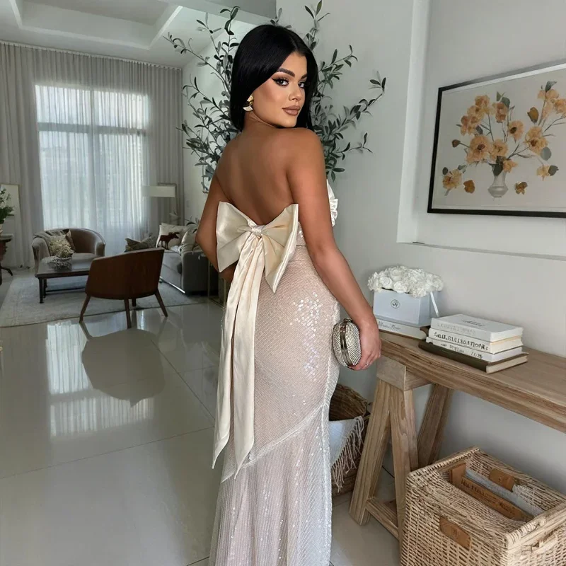 Satin Bow Ribbon Patchwork Sequins Mermaid Maxi Evening Party Dress Women Sexy Strapless Backless Banquet Long Robe Clubwear