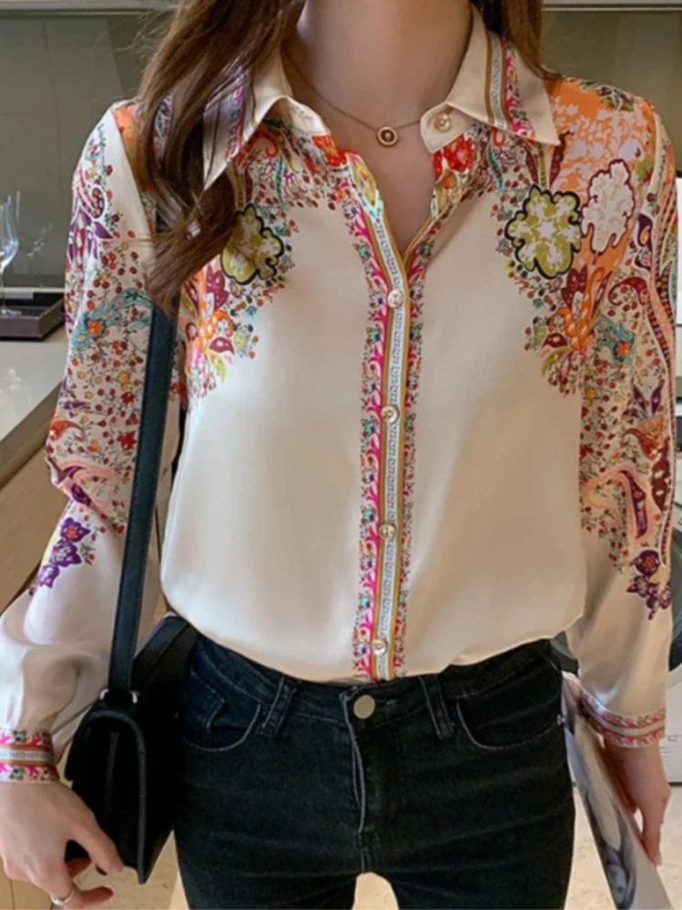 

Spring and summer vintage printed shirt loose fit long sleeved shirt high-end feel mature style fashionable style