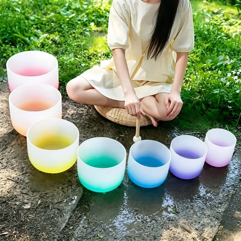 440/432Hz Crystal Singing Bowl Set 7 Pcs Colorful Sound Bowls Meditation Sound Healing Quartz Bowls Chakra Therapy Instrument