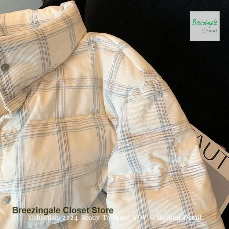 Korean corduroy plaid collar thickened cotton-padded jacket women's autumn and winter new temperament warm casual coat.