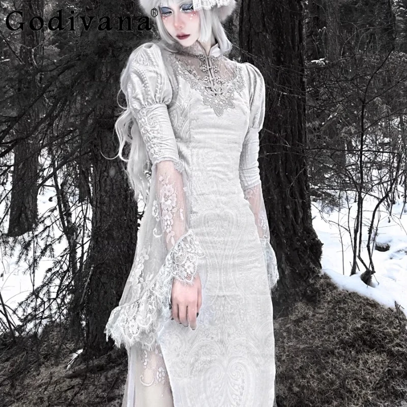 원래 크리스마스 로리타 파티 드레스 여성 고딕 높은 허리 자카드 벨벳 할로윈 드레스 여성 카니발 Cheongsam 드레스