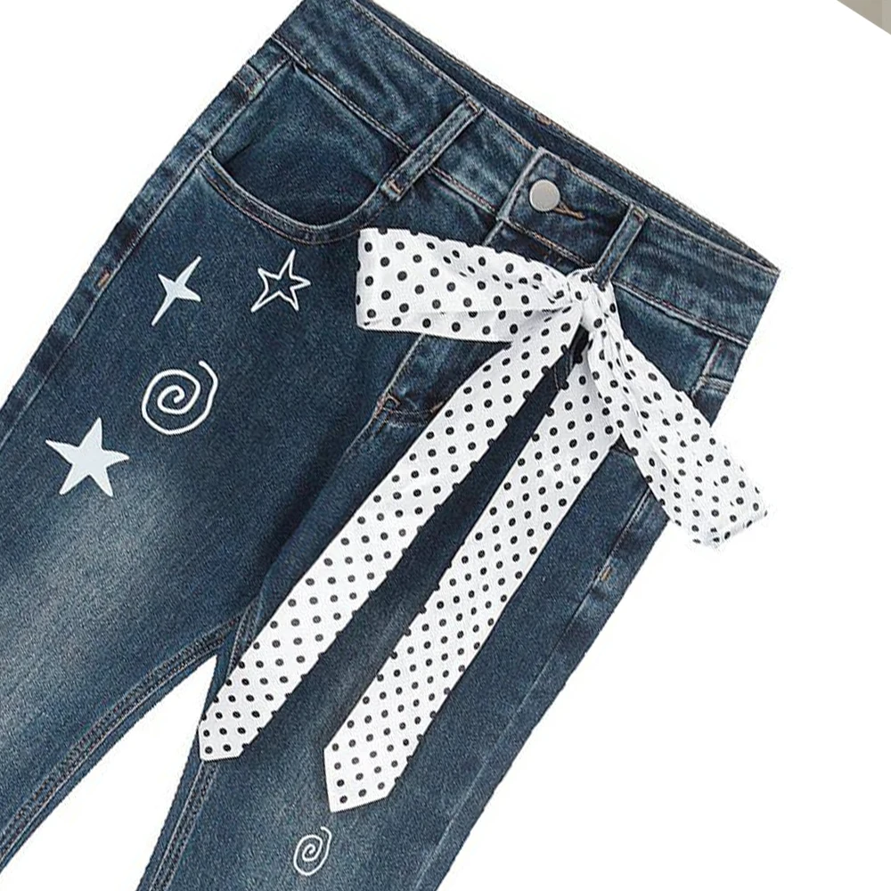 Summer Casual Slim Fit Graffiti Printed Lace Up Flared Jeans for Women, Summer Thin, Cute, Sweet Y2K Pants, Washed Natural Waist