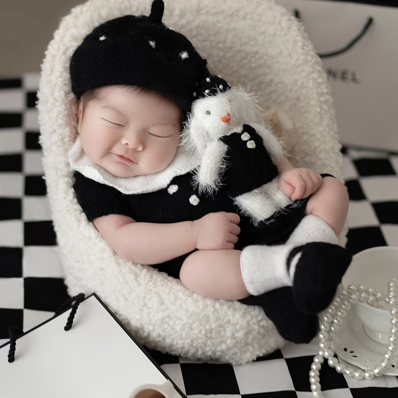 Rich Style Newborn Photography Outfit Beret Dress +Socks 3pcs/Set Baby Girl Posing Studio Photo Shooting Accessories