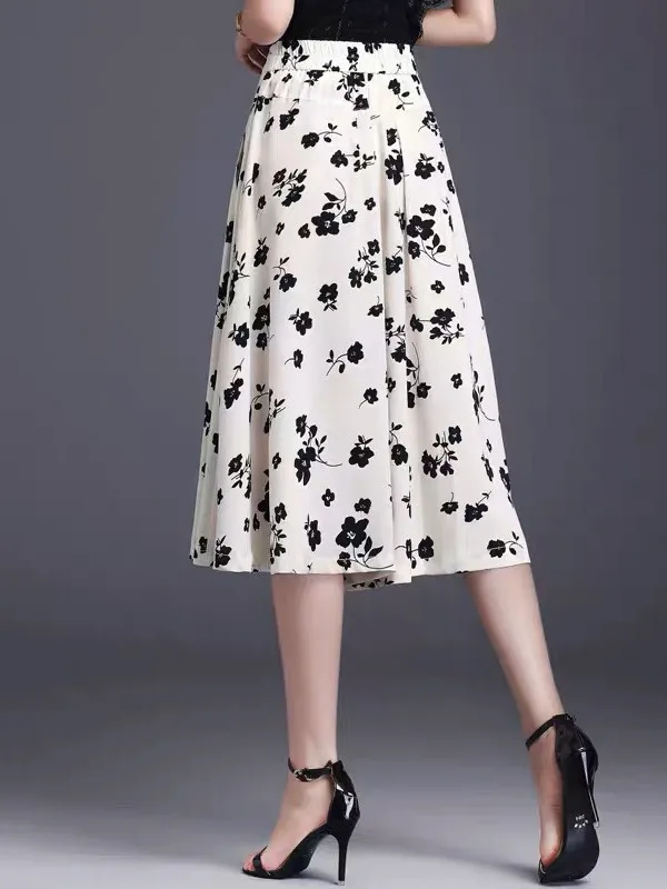 Zomer Dunne Ijs Zijde Casual Wijde Pijpen Broek Dames Nieuwe Losse Afslankende Bloemenprint Zeven Voeten Rok Hoge Taille Midi Rok