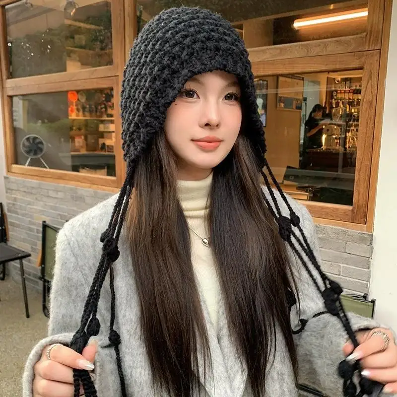 Wintermütze aus Wolle mit Quasten und Ohrenschutz für Damen, warme Wintermütze mit gehäkelten Ohrenschützern, Pullover-Mütze für Mädchen, Bonnet〔CC55〕
