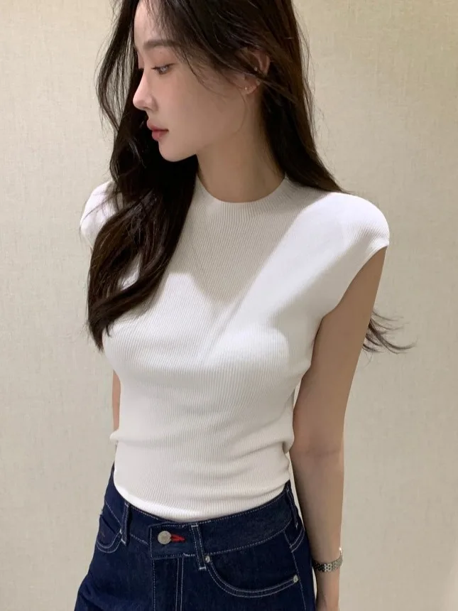 

Ele Thin ort Sve Knitted Top for Women Chic Summer New Sle Slimming Trendy Polyester Fiber 00% Ladies Faion
