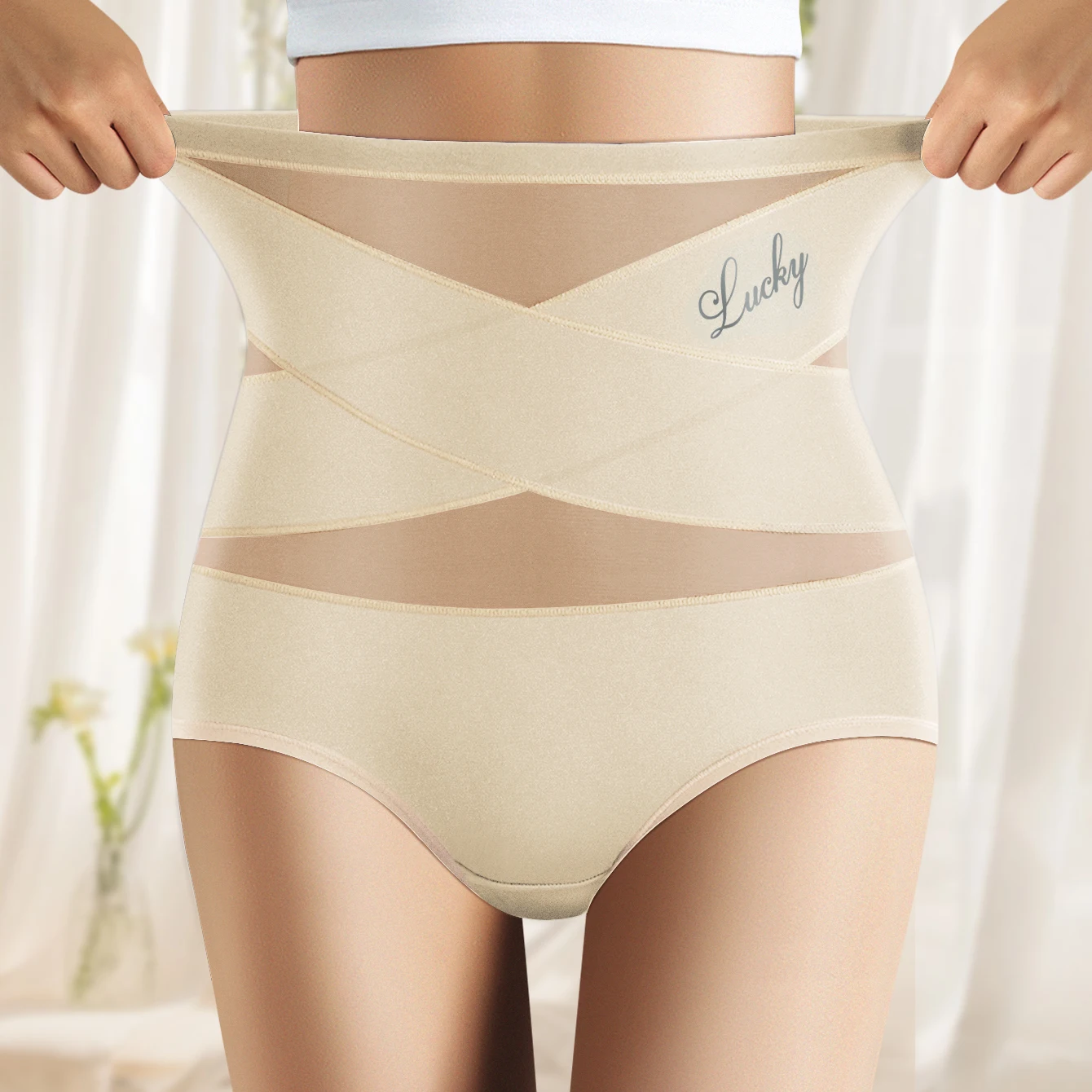 1pcs High Waisted Women's Panties Breathable Mesh Cross Tummy Cinching Ice Silk No Trace Triangle Panties Tummy Tuck Shape