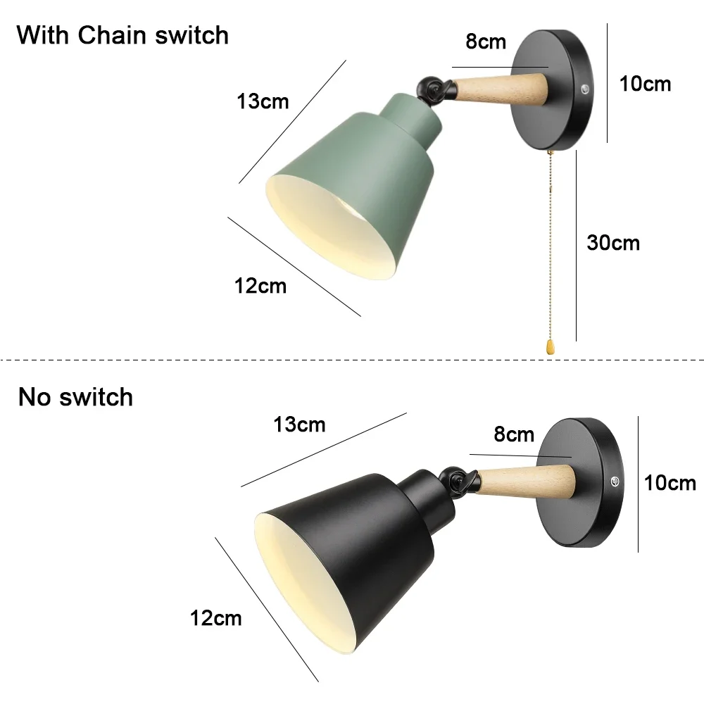 Lâmpadas de parede modernas nórdicas com interruptor de corrente, luz de parede de cabeceira, candeeiro, lâmpada COB, 90-260V, E27