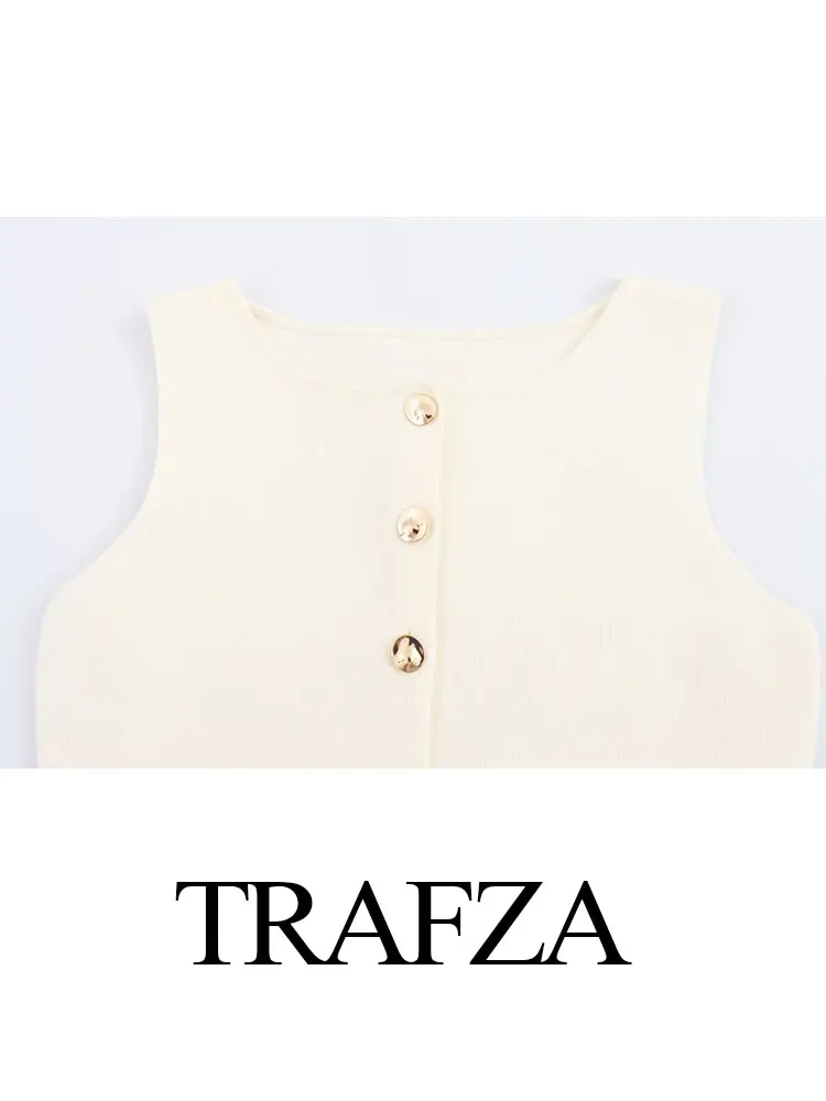 TRAFZA 2024 Moda damska Kamizelka z dzianiny Solid O Neck Slim Cardigan Tank Top Kobieta Casual Chic Elegancka kamizelka damska Tops