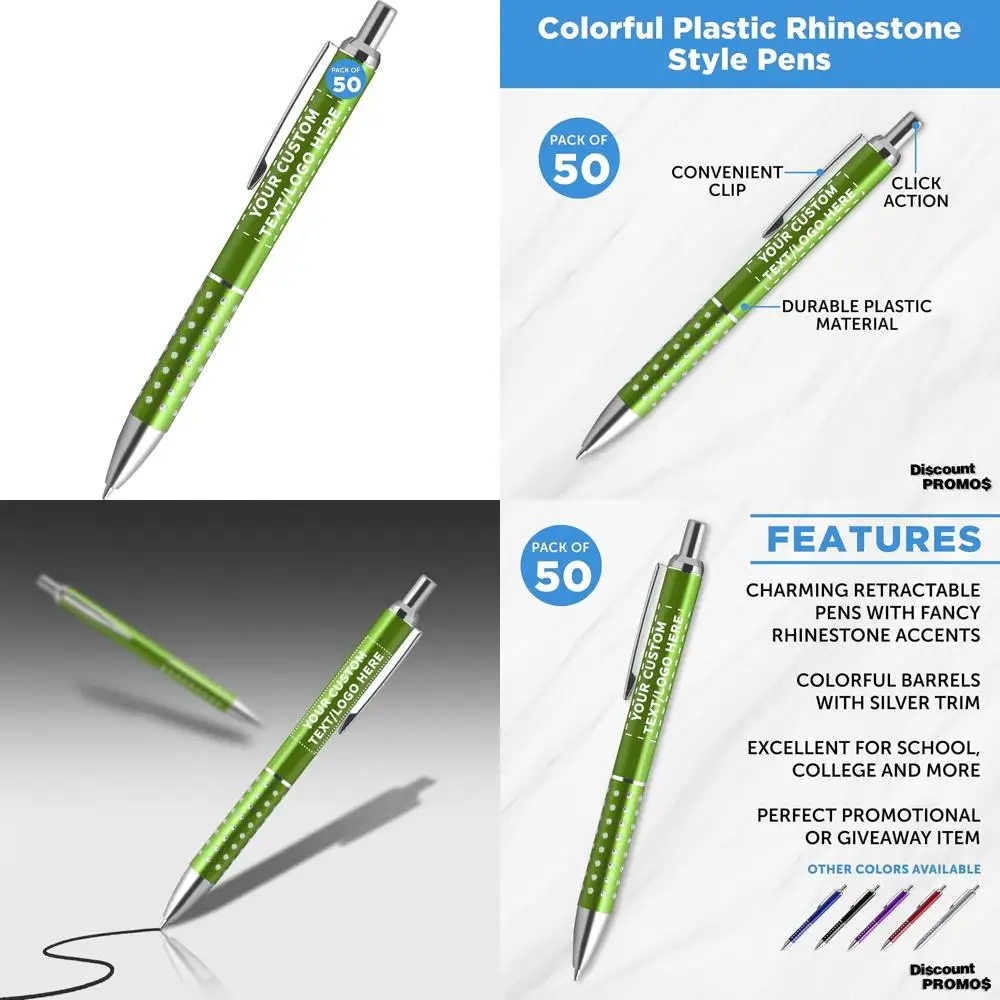 

Настраиваемые персонализированные выдвижные ручки со стразами — 50 шт., зеленые, пластиковые, варианты текста и логотипов, объемная скидка