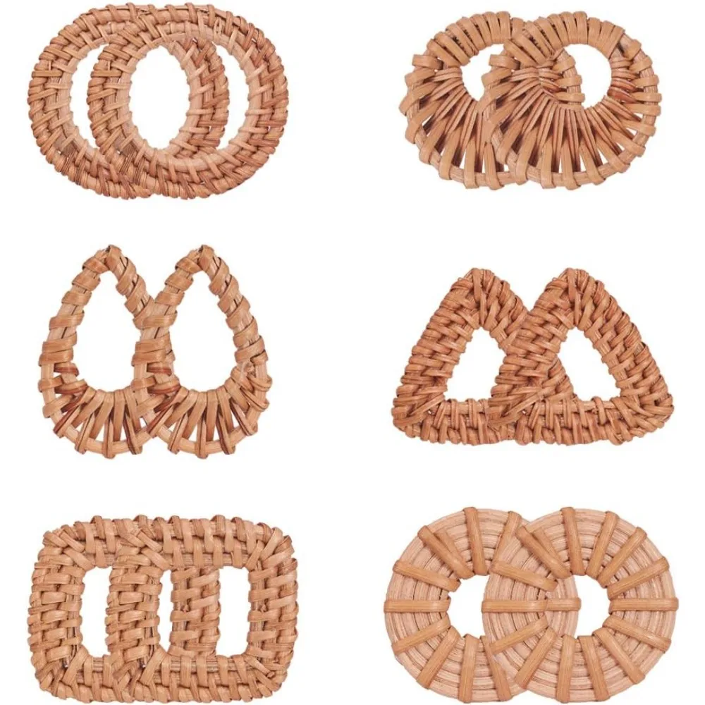 12pcs Rattan Woven Reed Cane Charms Connector Pendants Linking Rings Geometric Round Oval Circle for Straw Wicker Braid