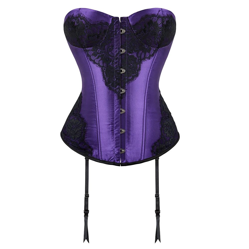 Pizzo Appliques corsetto solido raso Bustier elastico disossato donne Korsett Outfit Gorset Overbust viola verde corsetto