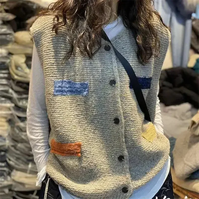 

Vintage Sweater Vest Women Fashion Casual Sleeveless Knitting Tops Loose Female National Style Splicing Waistcoat Autumn 2023