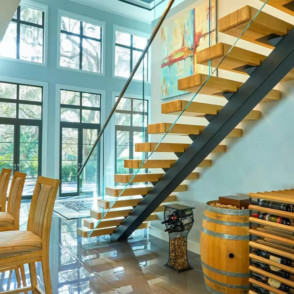 الحديثة تصميم مخصص الفولاذ المقاوم للصدأ حبل درابزين البلوط درج خشبي #5