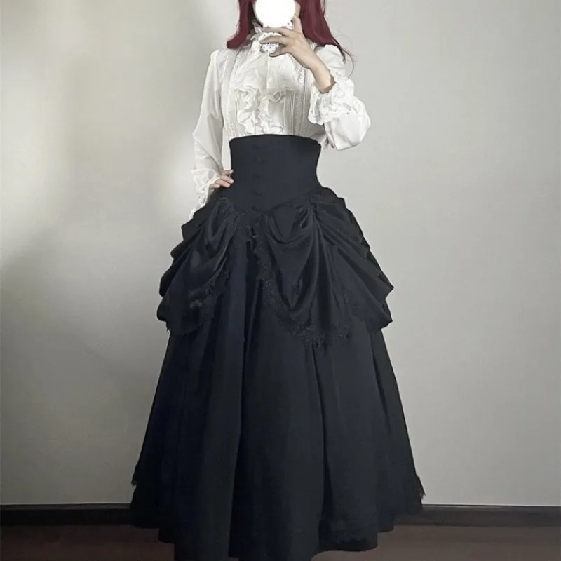 Harajuku Lolita Jsk Long Sleeve Shirts Women+ Y2k E-Girl High Waist Ruched Ruffles Skirts 2024 Summer New Two Piece Sets