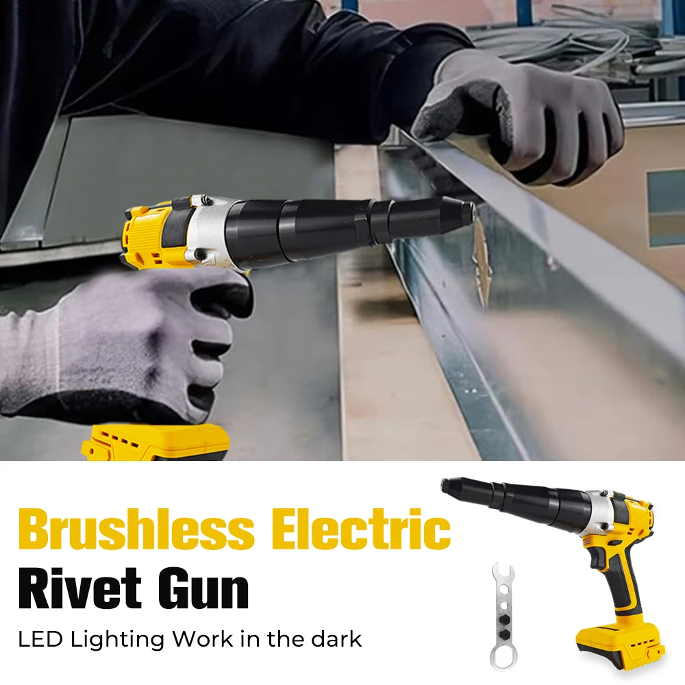 Brushless Electric Rivet Gun 2.4mm-4.8mm Automatic Riveter Rivet Hand Tool with LED Light for Dewalt 20V Battery (No Battery)