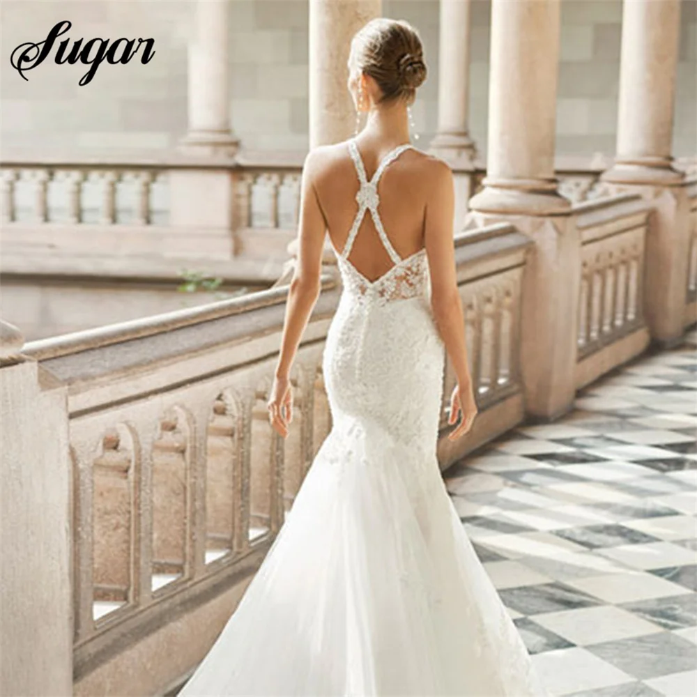 Spaghetti Straps abiti da sposa a sirena 2023 Appliques di pizzo con scollo a v elegante abito da sposa avorio su misura senza maniche Sweep Train