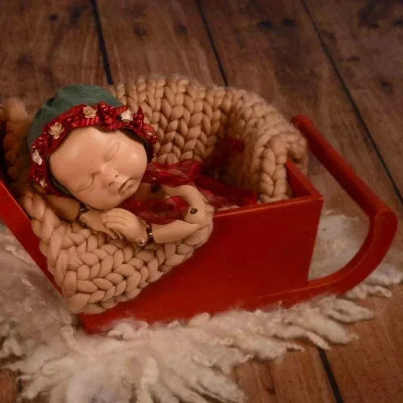 Newborn Photoshoot Props Infant Christmas Red Sleigh Cart Tool Disassembly Wooden Backdrop Bed Posing Baby Shooting Accessories