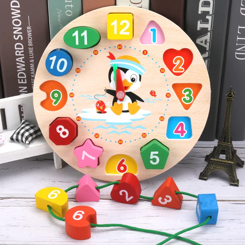 Kids Early Educational Threading Assembly Toy Geometric Shape Wooden Clock Puzzles Colorful Tangram Cognitive Digital Clock