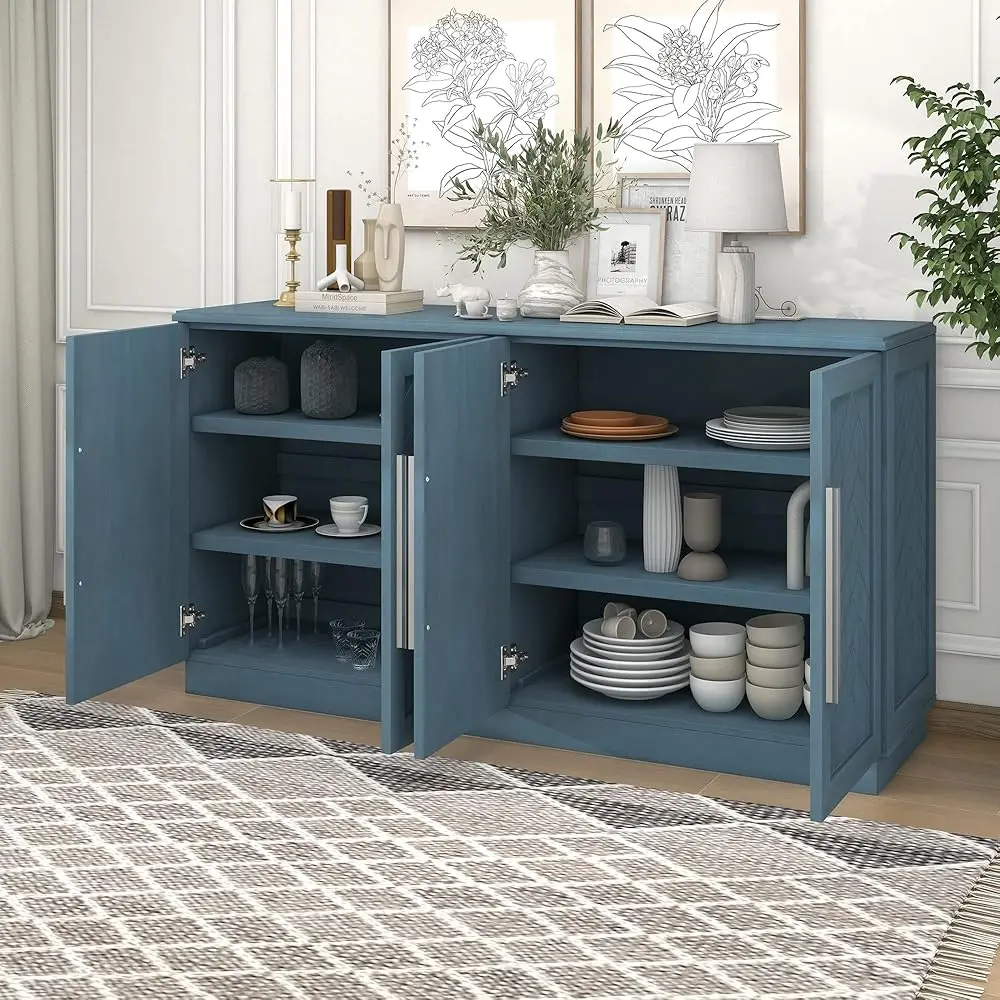 

Wooden Sideboard With 4 Doors Large Storage Space,Buffet Cabinet,W/Adjustable Shelves And Silver Handles,Wear-Resistant