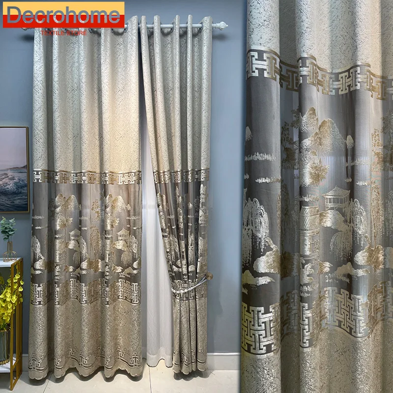 

Shanshui New Chinese Flannel Jacquard Window Screen Curtains for Living Room Balcony French Window Customized Finished Products