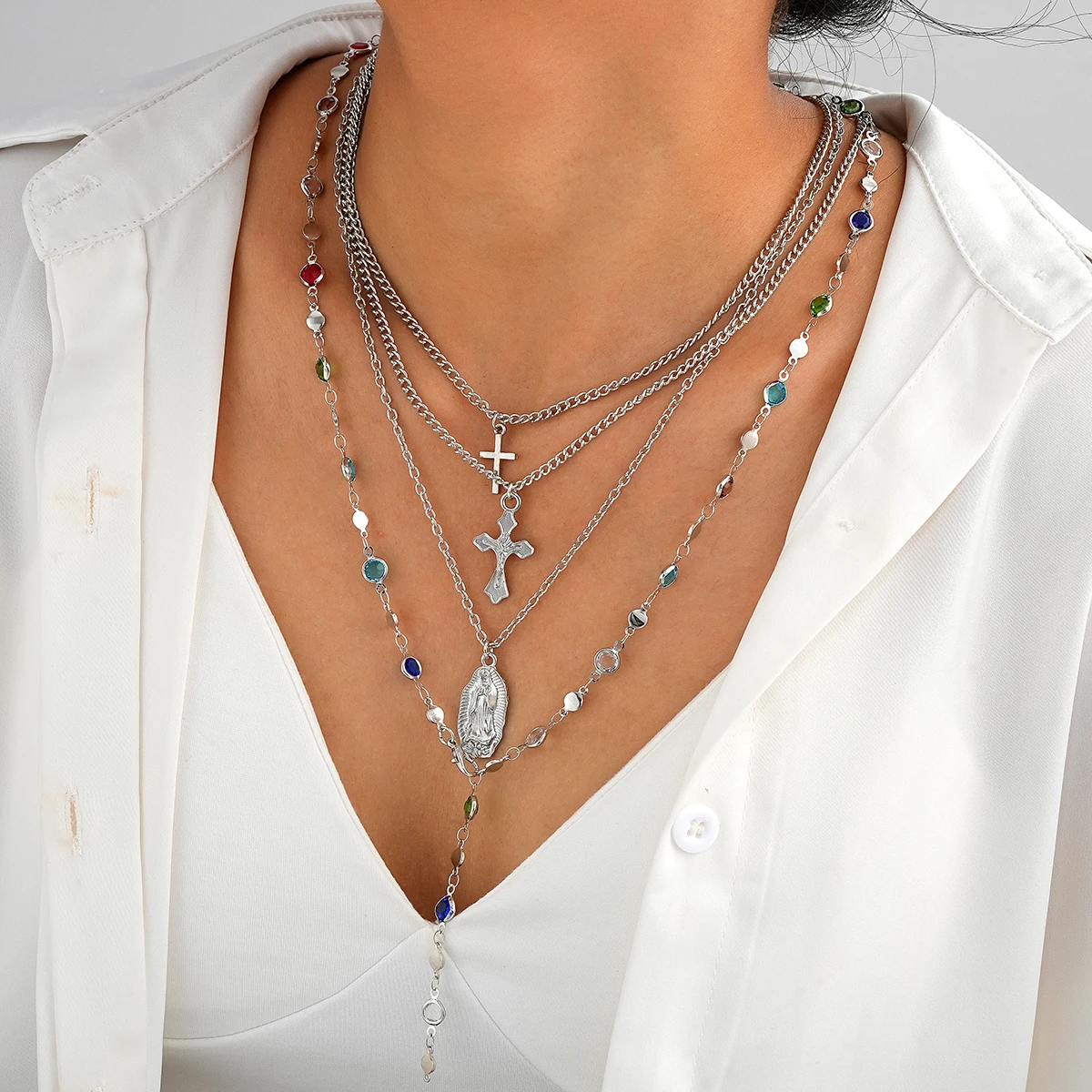 4Pcs/Set Cross Colorful Crystal Necklaces For Women Simple Gold Silver Color Y-Shaped Pendant Necklace Set New Christian Jewelry image 4