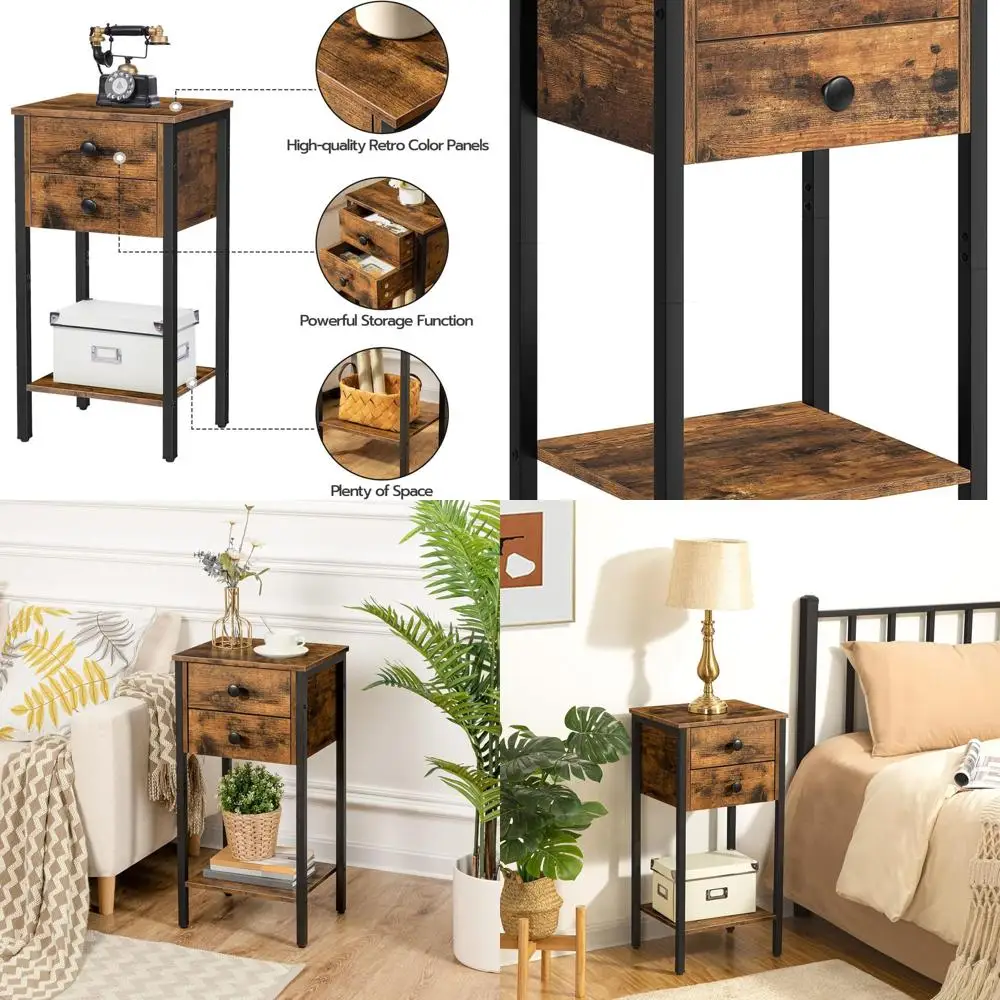

Прикроватная тумбочка в индустриальном стиле с 2 ящиками и полкой, компактная для спальни или кабинета, простая сборка, коричневый и черный BF72B