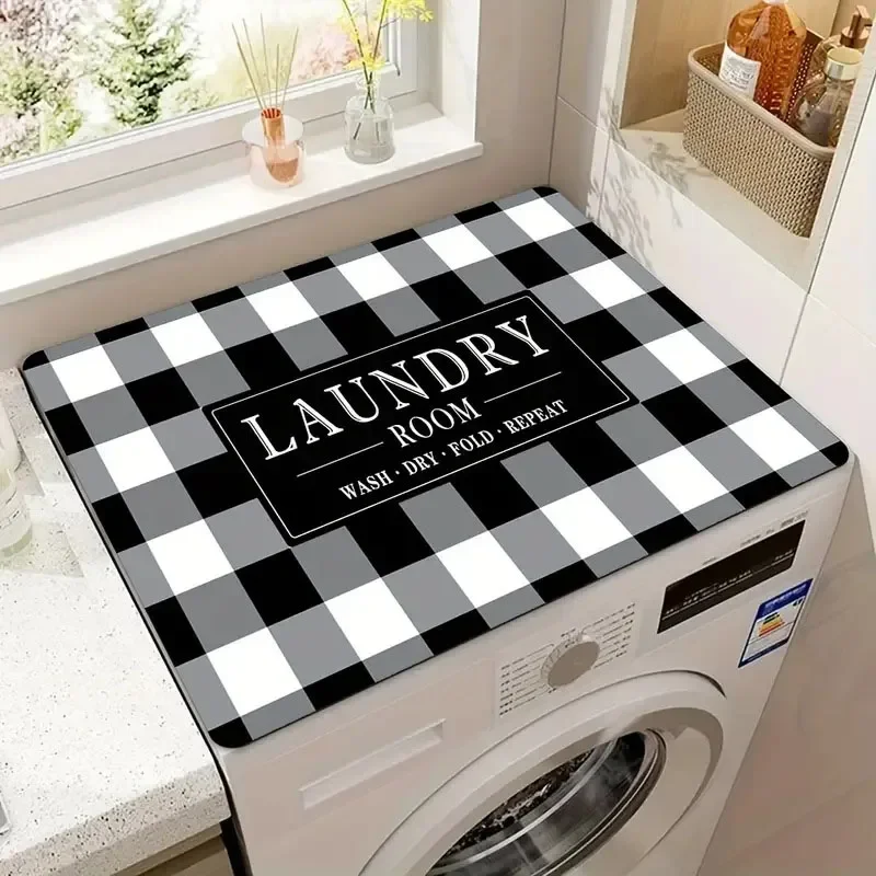 VIKAMA Black and White Checkered Washing Machine Cover Mat, Absorbent and Dustproof Protective Mat, Home Decoration