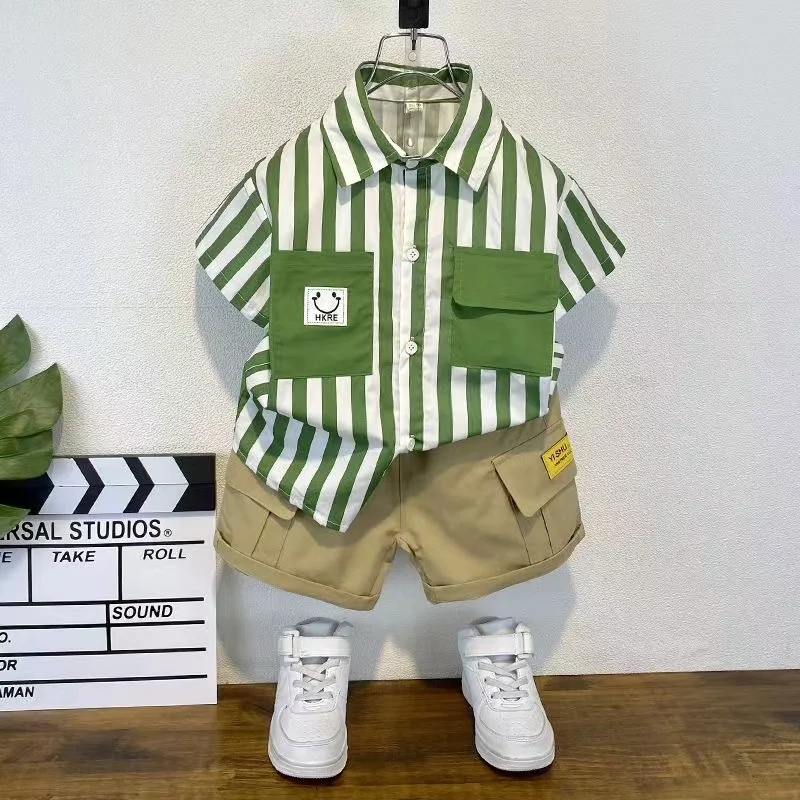 

Boys' Summer Short sleeved Shirt Set 2024 New Fashionable Baby Fashionable Summer Clothes Trendy Children's Two Piece Set