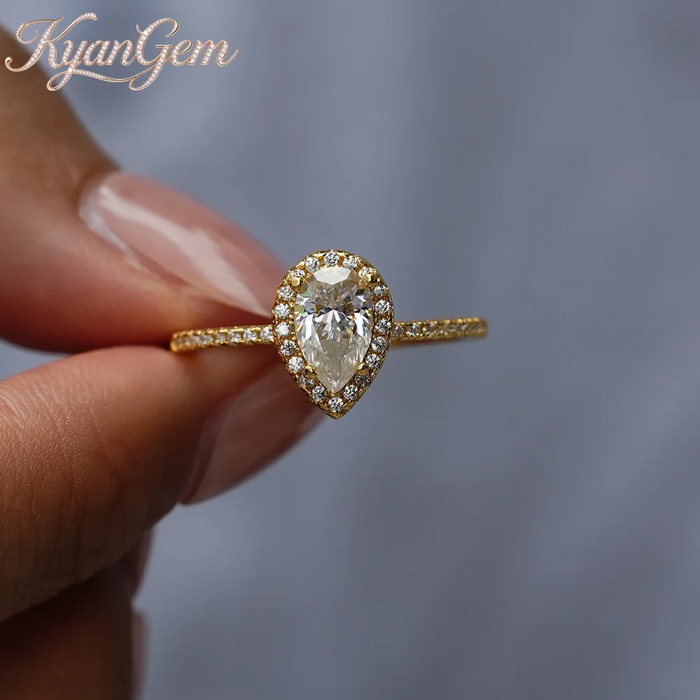 KyanGem Real 18K Gold Moissanite Ring 1 Carat Teardrop Engagement Ring for Women Fashion Wedding Party Charm Jewelry