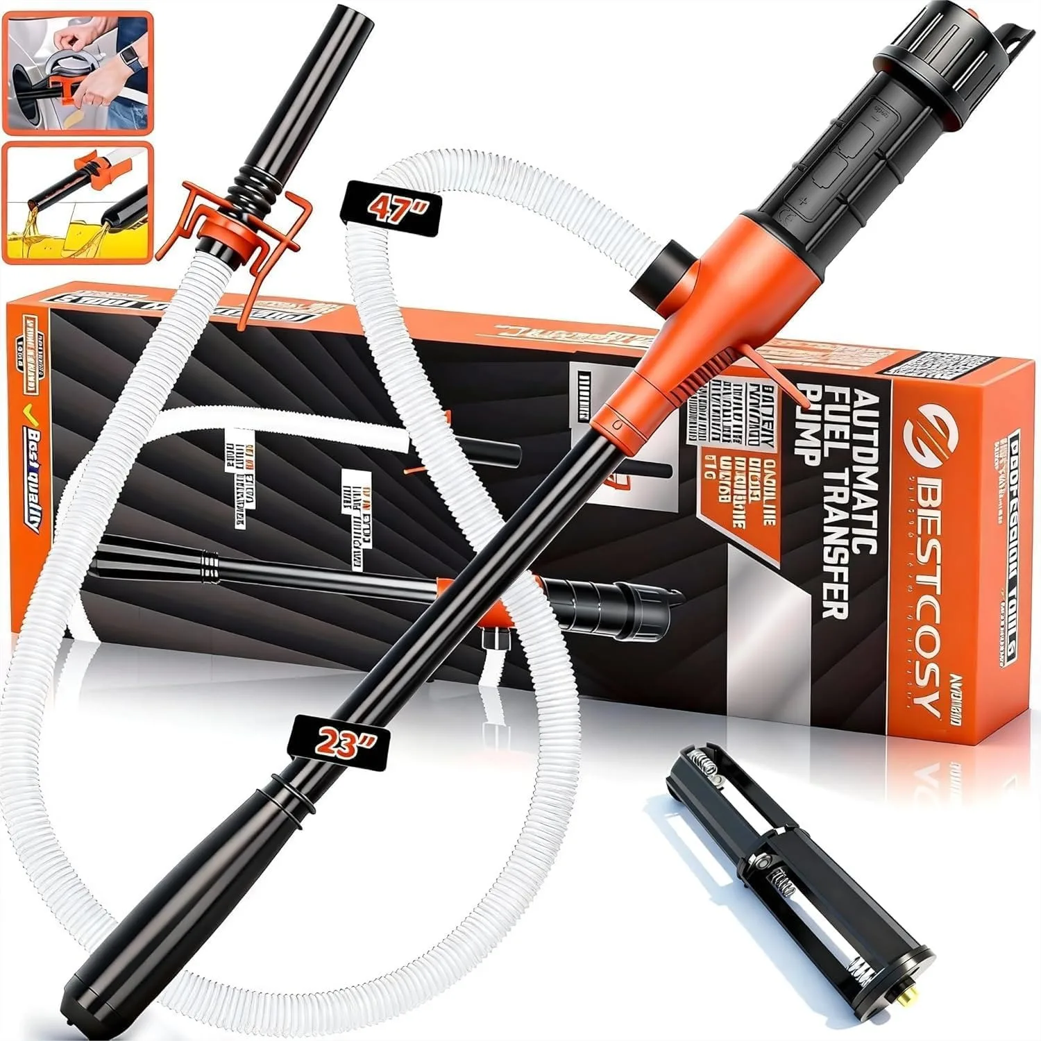 

Battery Operated Transfer Pump for Gas, Diesel, Water, 2.6 GPM Flow with 47 Inch Hose