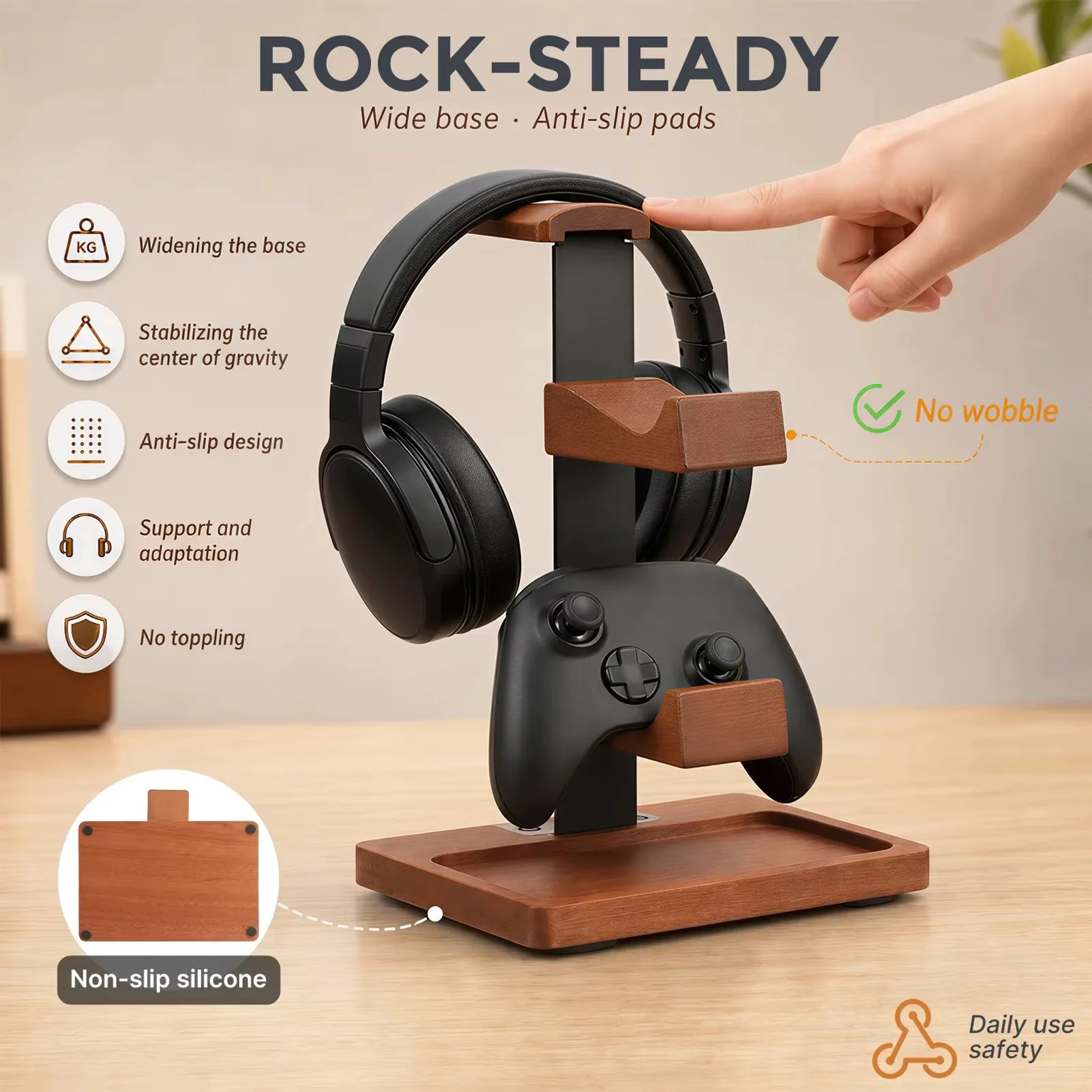 Solid Wood Headphone Controller Stand Universal 3-Layer Headset Stand with Storage Base Stable Desktop Gamepad Organizer Rack