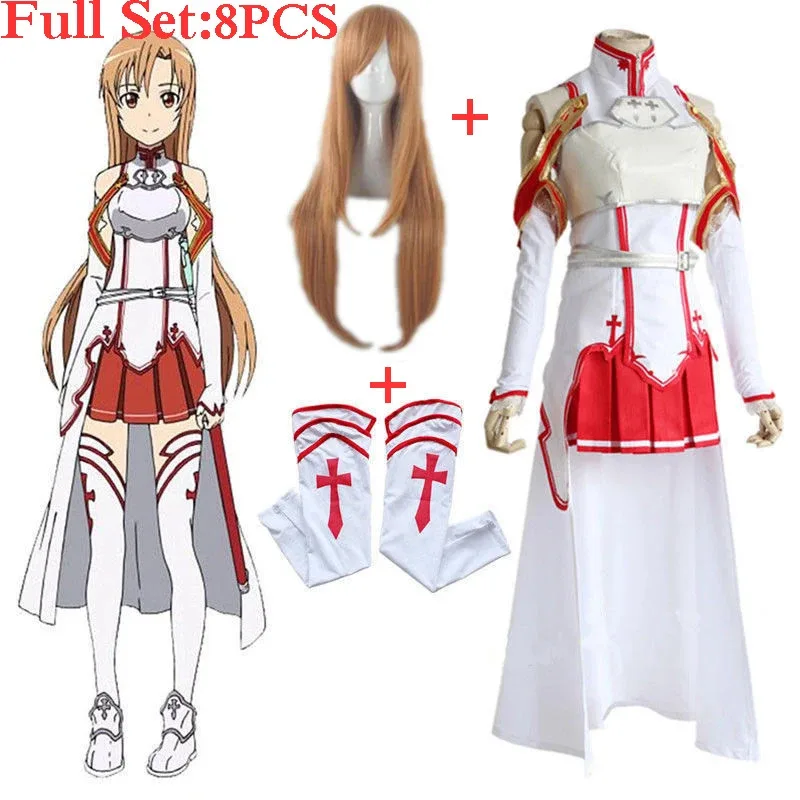 

Anime Sword Art Online Asuna Yuuki Dress Cosplay Costumes Uniform For Halloween SAO Asuna Battle Suit Outfits Full Set With Wig