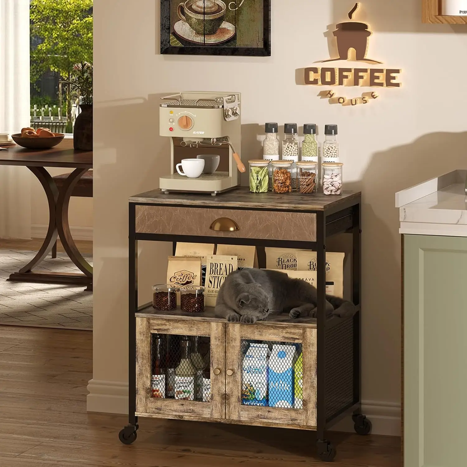 Three-layer double-door dining side cabinet, kitchen rack, trolley, drawer type removable coffee cart, coffee rack