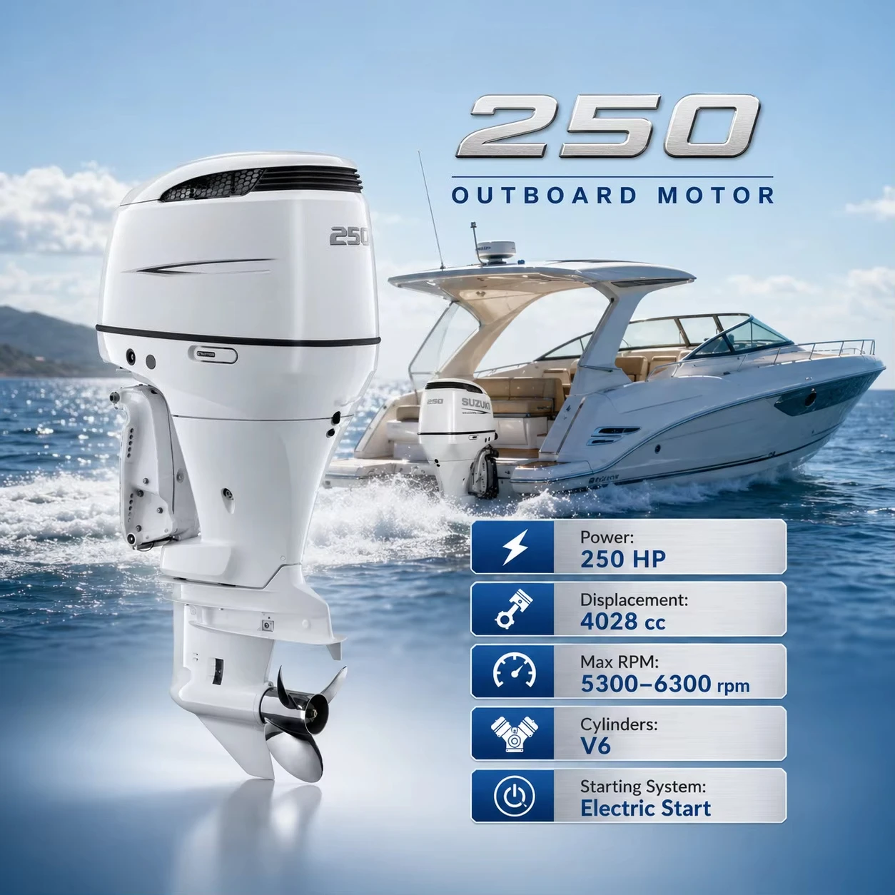 For Suzuki DF250AP DF250 250HP V6 4 Stroke Electric Start EFI Marine Outboard Motor Engine Assembly for Boat