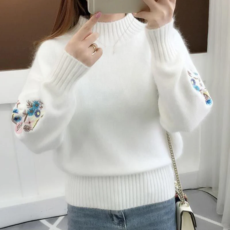 Korean Fahsion Embroidery Long Sleeve Sweater Women All Match Round Neck Cropped Sweaters Woman Autumn Winter Thick Warm Jumpers