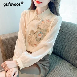 Women Chinese Style Vintage Embroidery Luxury Design Blouses Fashion Elegant Chic Beaded Sequins Shirts Female Long Sleeve Tops