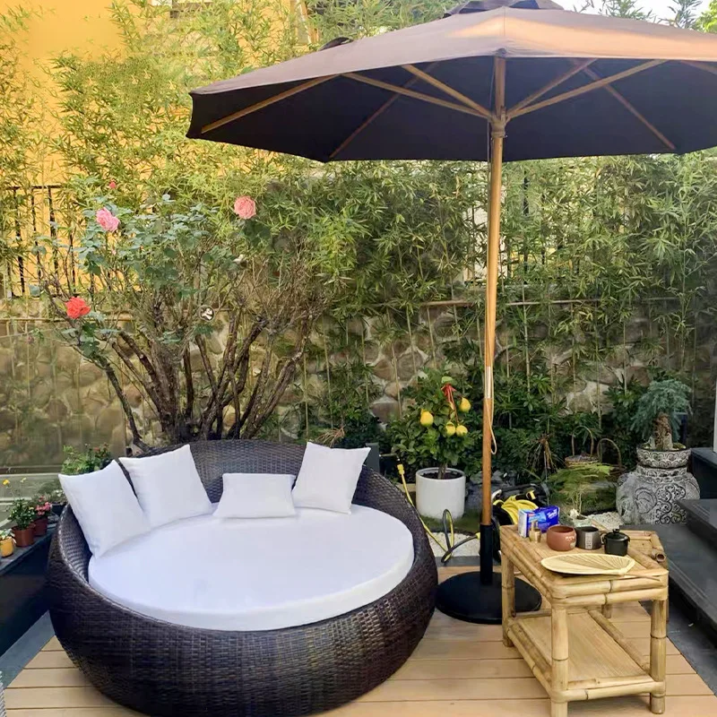 

Outdoor rattan bed courtyard beach lounger waterproof sunscreen sofa bed open-air garden swimming pool balcony round bed